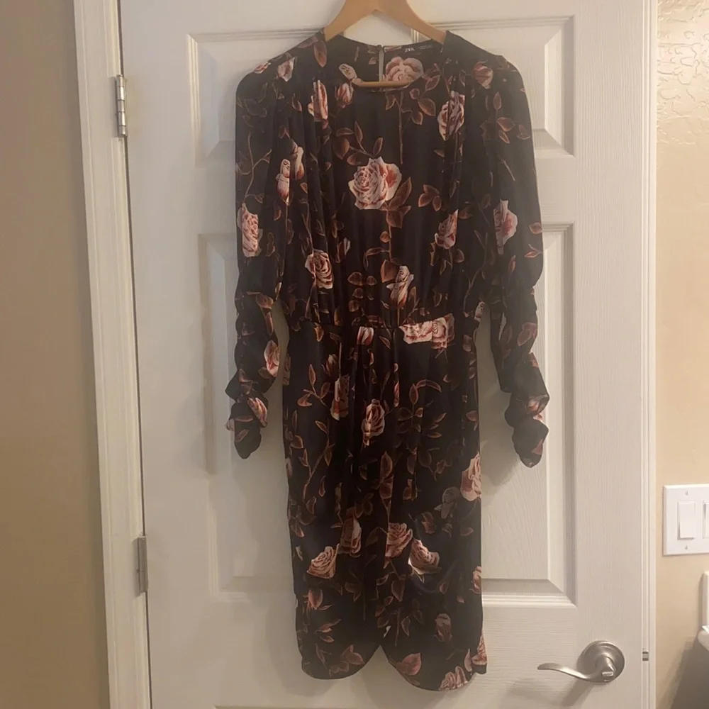 Zara Ruched Long Sleeve Rose Print Mini Asymmetrical Dress NWOT - Picture 9 of 13